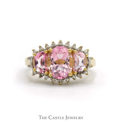 Three Stone Oval Pink Topaz Ring with Diamond Edges in 14k Yellow Gold