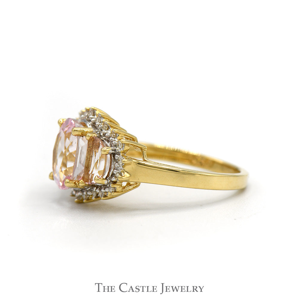 Three Stone Oval Pink Topaz Ring with Diamond Edges in 14k Yellow Gold