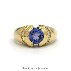 Round Bezel Set Tanzanite Ring with Channel Set Diamond Sides in 14k Yellow Gold