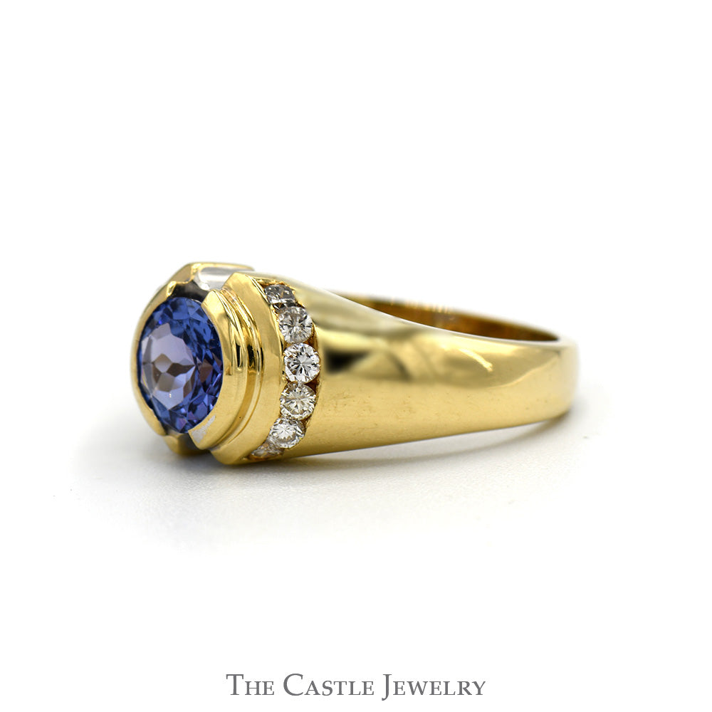 Round Bezel Set Tanzanite Ring with Channel Set Diamond Sides in 14k Yellow Gold