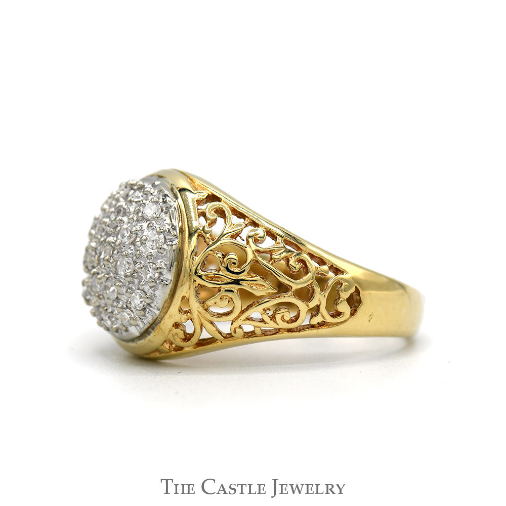 1/2cttw Kentucky Diamond Cluster Ring with Open Filigree Sides in 14k Yellow Gold