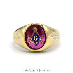 Square & Compass Masonic Ring with Synthetic Ruby in 10k Yellow Gold