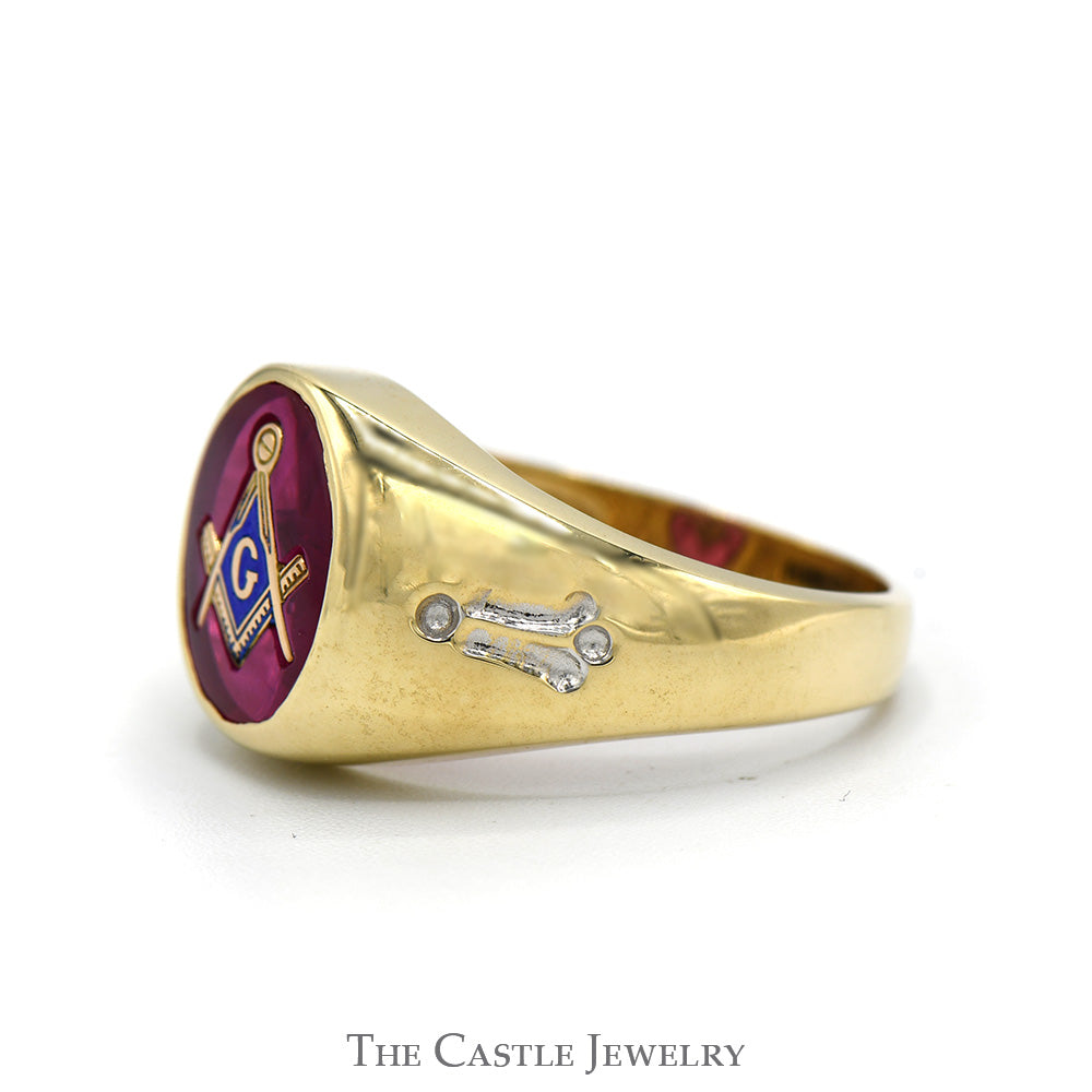 Square & Compass Masonic Ring with Synthetic Ruby in 10k Yellow Gold