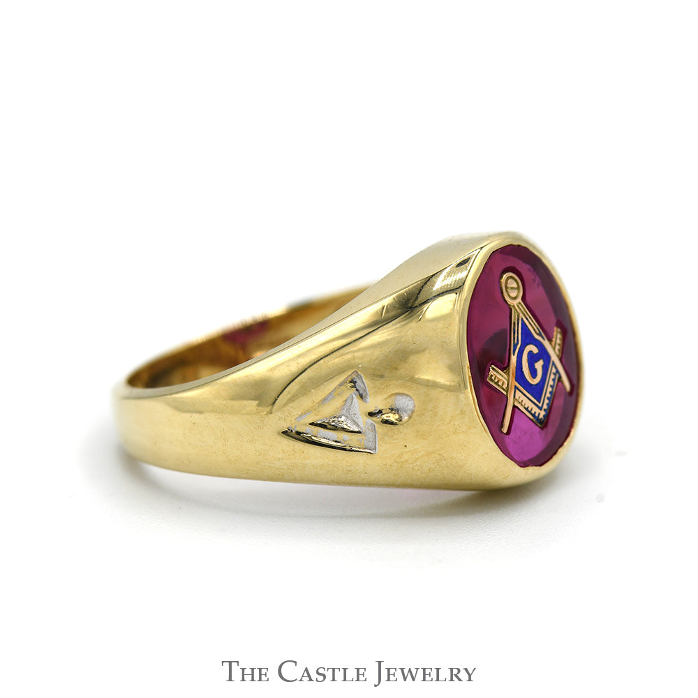 Square & Compass Masonic Ring with Synthetic Ruby in 10k Yellow Gold