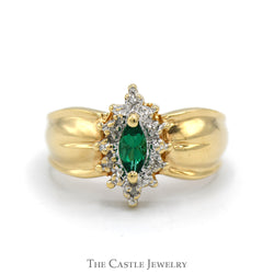 Marquise Cut Emerald Ring with Diamond Halo in 10k Yellow Gold