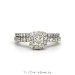 1.50cttw Princess Cut Diamond Solitaire Bridal Set with Diamond Halo, Accented Sides and Matching Band in 14k White Gold