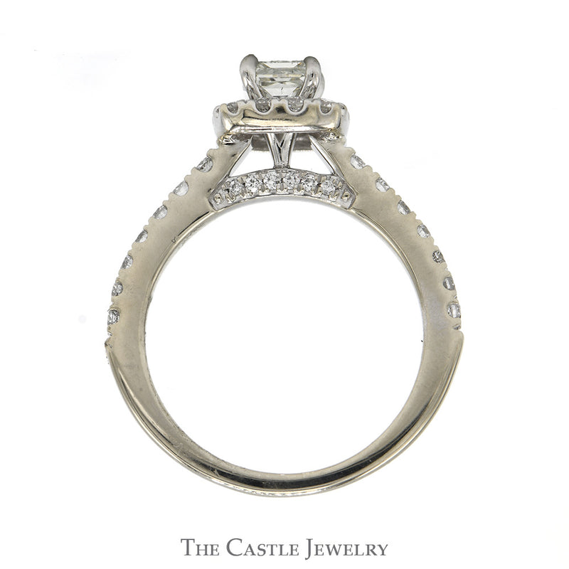 1.50cttw Princess Cut Diamond Solitaire Bridal Set with Diamond Halo, Accented Sides and Matching Band in 14k White Gold