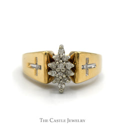 Marquise Shaped Diamond Cluster Ring with Etched Cross Sides in 10k Yellow Gold