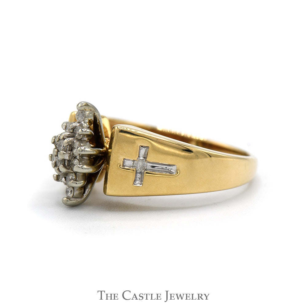 Marquise Shaped Diamond Cluster Ring with Etched Cross Sides in 10k Yellow Gold