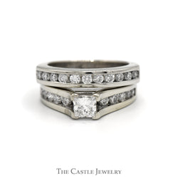 1.5cttw Princess Cut Diamond Bridal Set with Channel Set Accents & Matching Diamond Band in 14k White Gold