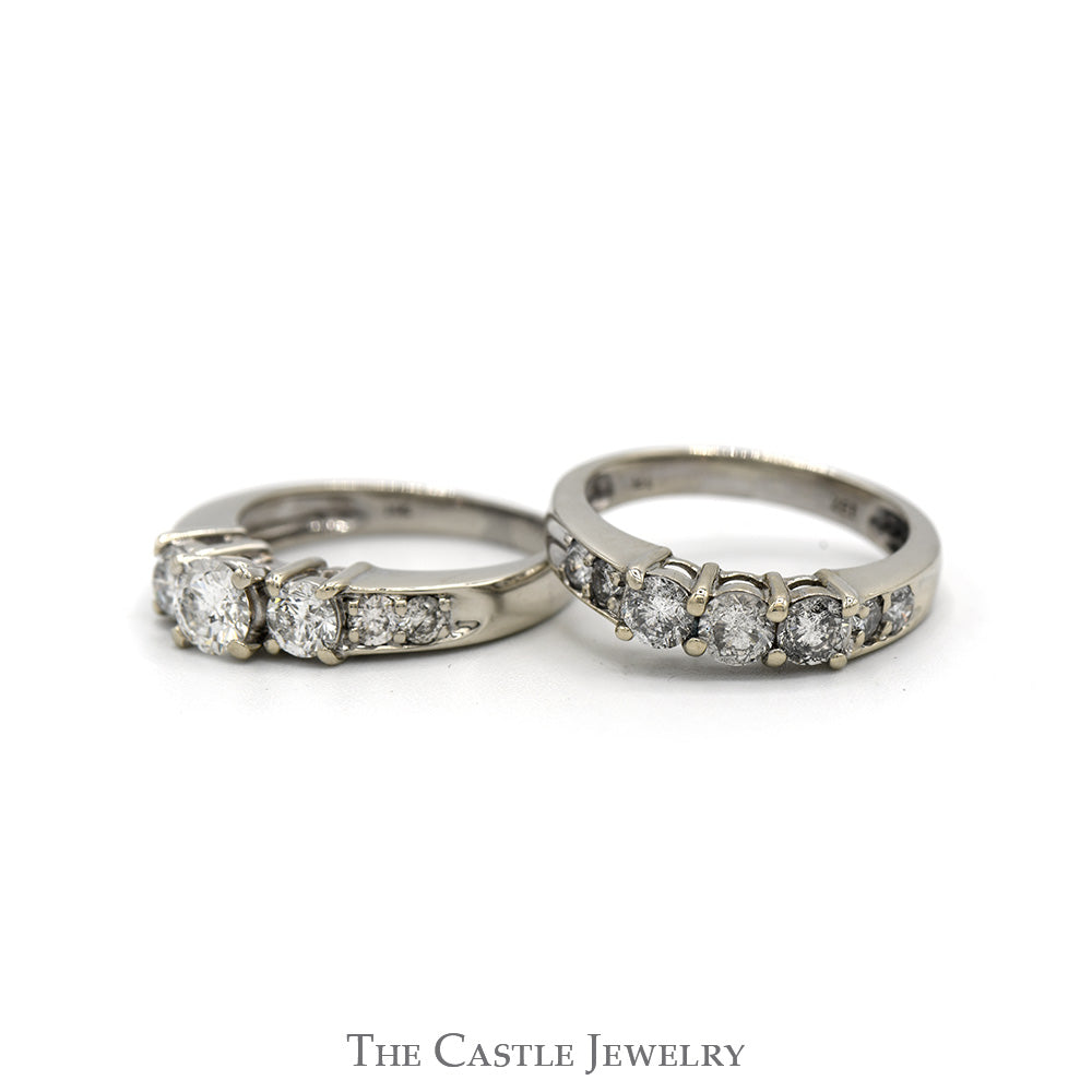 2.33cttw Three Stone Diamond Bridal Set with Accented Sides and Matching Band in 14k White Gold