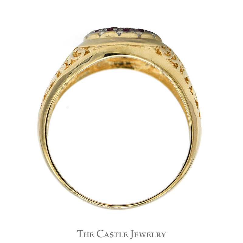 Ruby & Diamond Kentucky Cluster Ring with Open Filigree Sides in 10k Yellow Gold