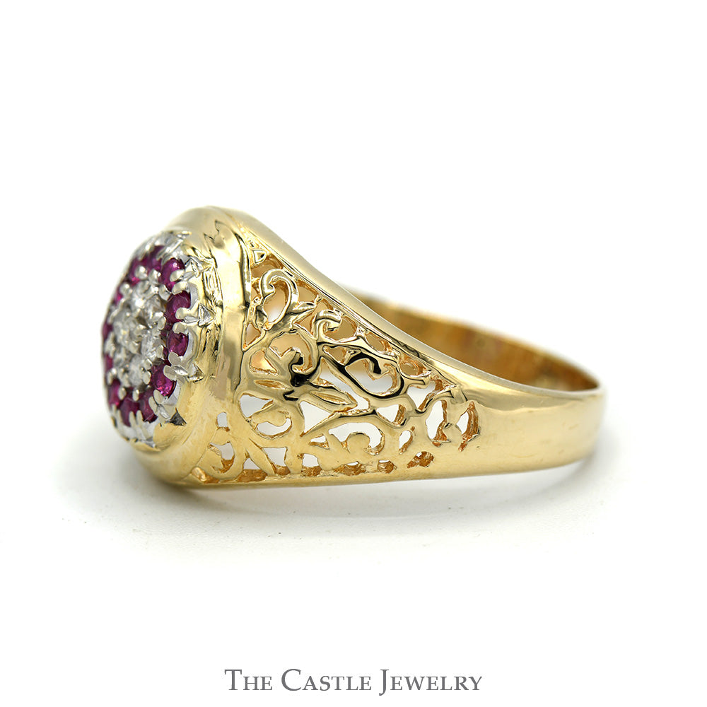 Ruby & Diamond Kentucky Cluster Ring with Open Filigree Sides in 10k Yellow Gold