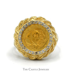 1988 Panda Coin Ring with Diamond Halo in 10k Yellow Gold Rope Designed Bezel Setting