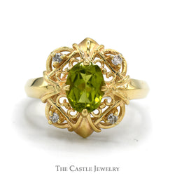 Oval Peridot Ring with Diamond Accented Filigree Halo in 10k Yellow Gold