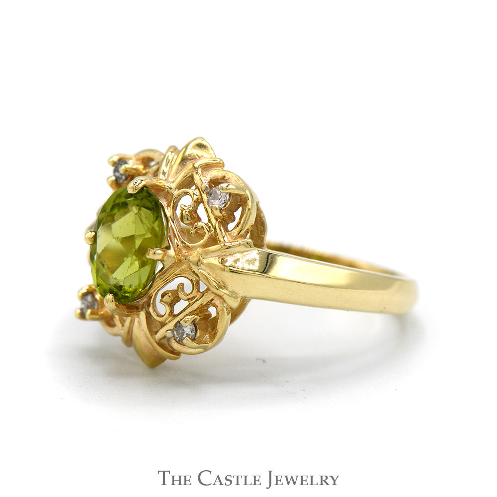 Oval Peridot Ring with Diamond Accented Filigree Halo in 10k Yellow Gold