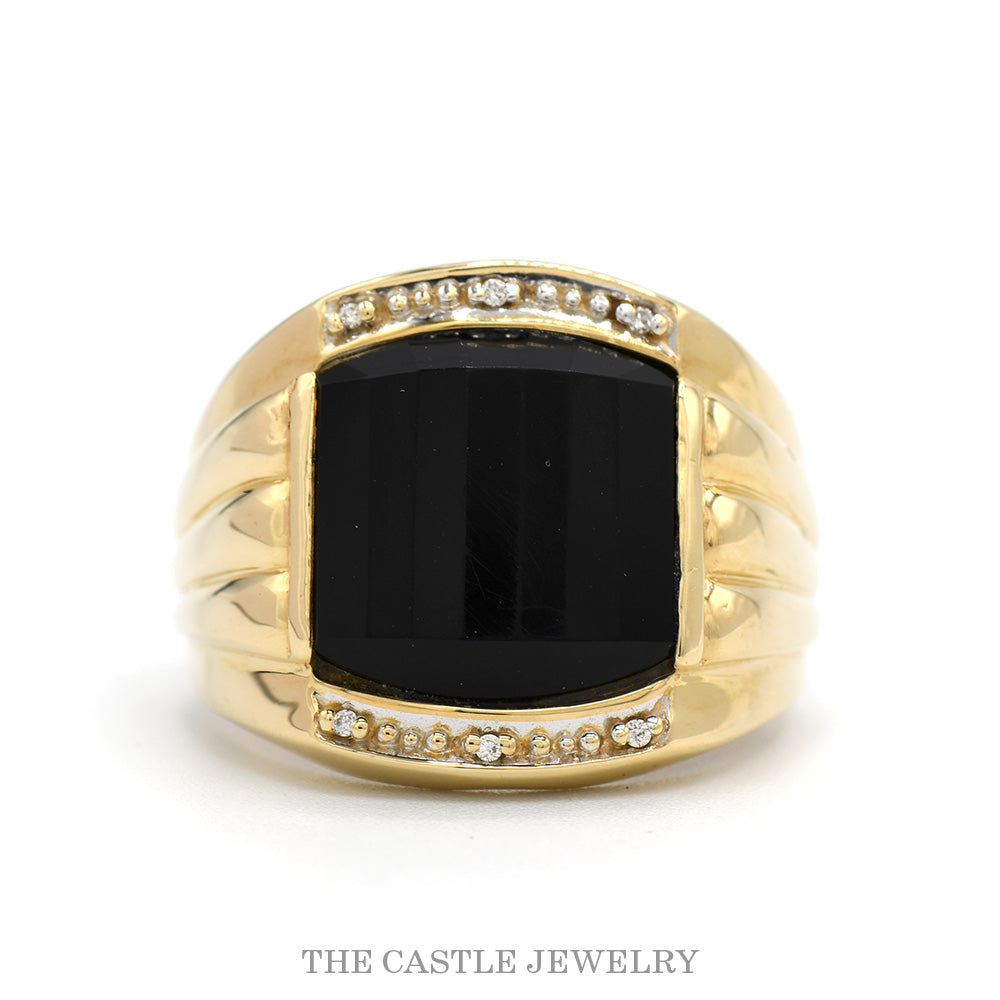 Black Onyx Men's Ring with Illusion Set Diamond Accents in 14k Yellow Gold