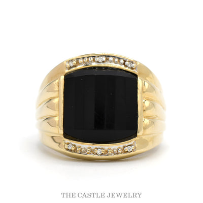 Black Onyx Men's Ring with Illusion Set Diamond Accents in 14k Yellow Gold