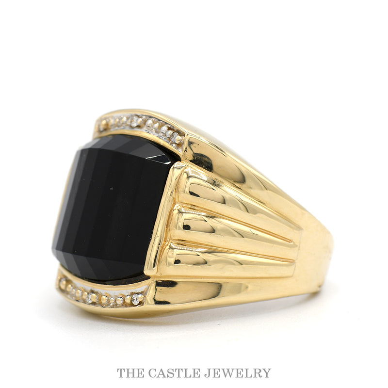 Black Onyx Men's Ring with Illusion Set Diamond Accents in 14k Yellow Gold
