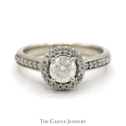 1cttw Round Diamond Engagement Ring with Diamond Halo and Accented Sides in 14k White Gold