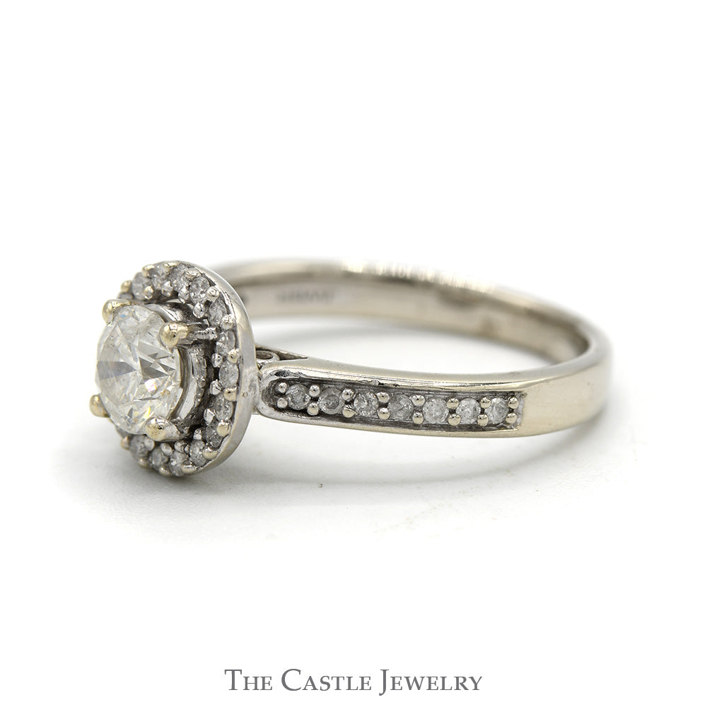 1cttw Round Diamond Engagement Ring with Diamond Halo and Accented Sides in 14k White Gold
