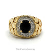 Men's Oval Black Onyx Ring with Diamond Bezel and Nugget Textured Sides in 10k Yellow Gold - Thumbnail 1