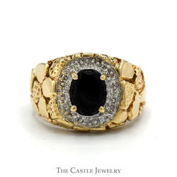 Men's Oval Black Onyx Ring with Diamond Bezel and Nugget Textured Sides in 10k Yellow Gold