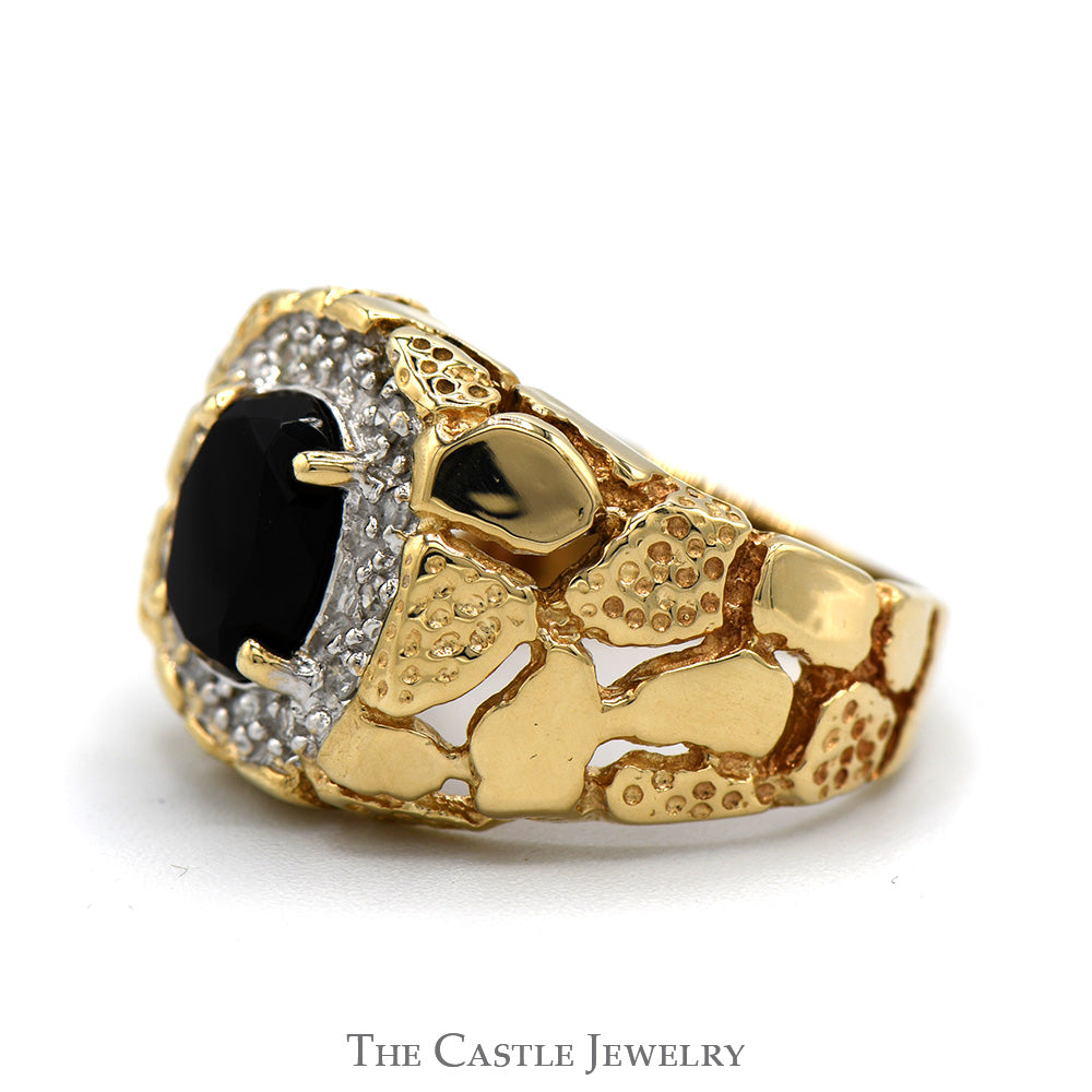 Men's Oval Black Onyx Ring with Diamond Bezel and Nugget Textured Sides in 10k Yellow Gold