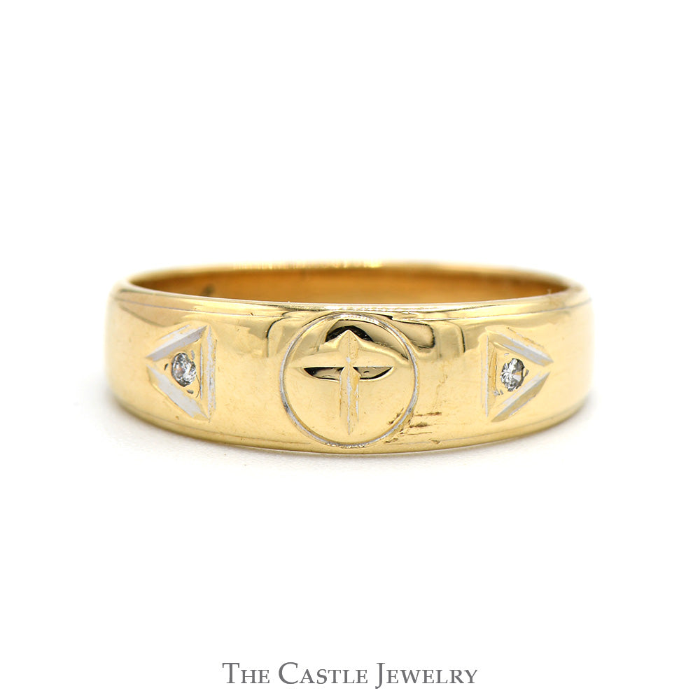 Engraved Cross Designed Band with Diamond Accented Sides in 14k Yellow Gold