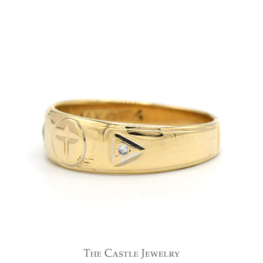Engraved Cross Designed Band with Diamond Accented Sides in 14k Yellow Gold