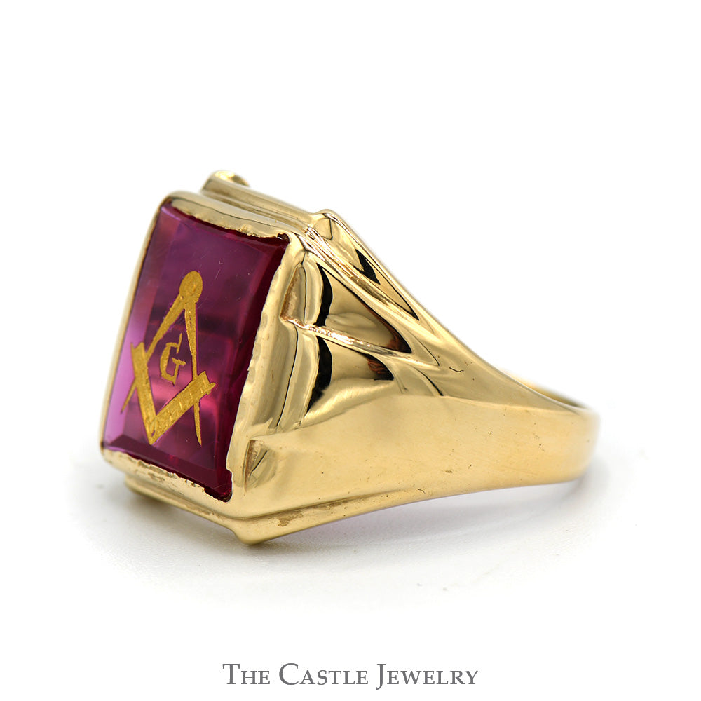 Square & Compass Masonic Ring on Red Stone in 10k Yellow Gold