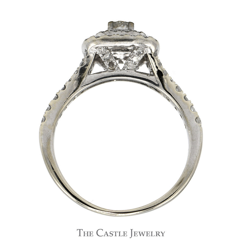 3/4cttw Diamond Engagement Ring with Double Halo and Accented Split Shank Sides in 14k White Gold