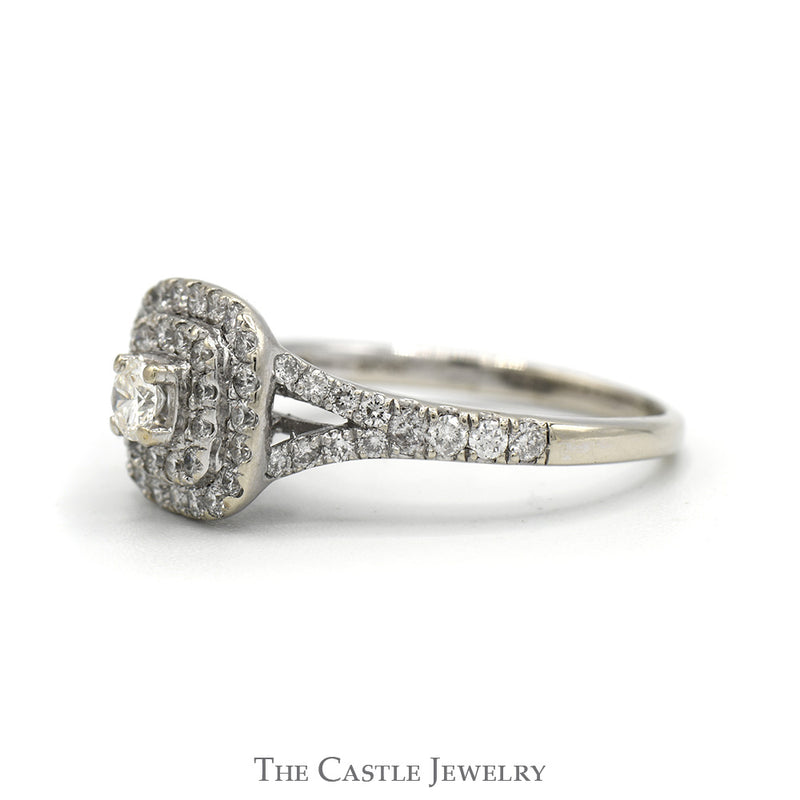 3/4cttw Diamond Engagement Ring with Double Halo and Accented Split Shank Sides in 14k White Gold