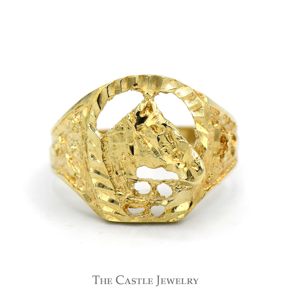 Horseshoe Ring with Horse Head and Diamond Cut Pattern in 14k Yellow Gold