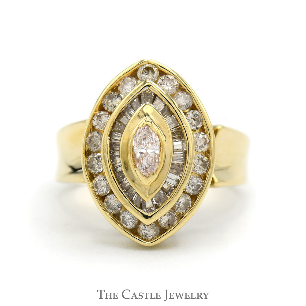 Marquise Shaped Round & Baguette Diamond Cluster with Marquise Cut Diamond Solitaire in 14k Yellow Gold
