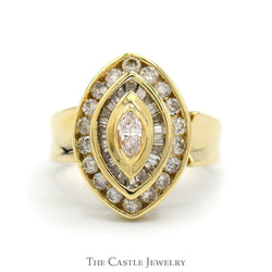 Marquise Shaped Round & Baguette Diamond Cluster with Marquise Cut Diamond Solitaire in 14k Yellow Gold