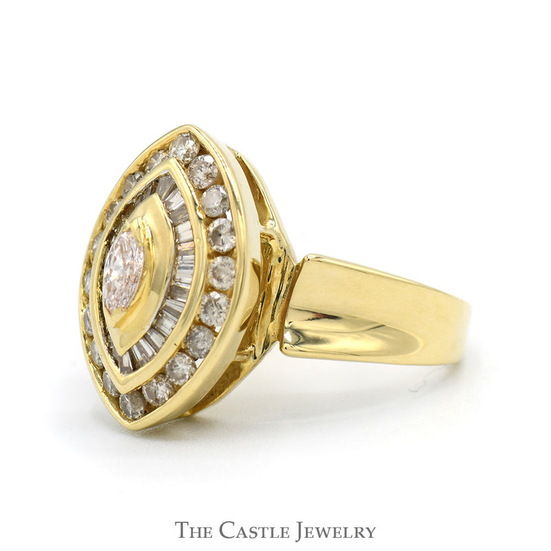 Marquise Shaped Round & Baguette Diamond Cluster with Marquise Cut Diamond Solitaire in 14k Yellow Gold