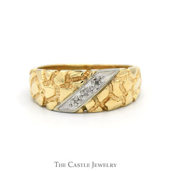 Diagonal Illusion Set Diamond Ring with Textured Nugget Sides in 10k Yellow Gold