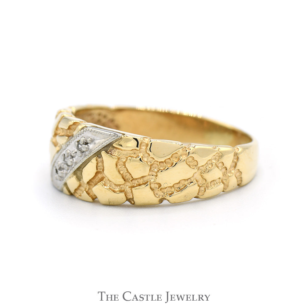Diagonal Illusion Set Diamond Ring with Textured Nugget Sides in 10k Yellow Gold
