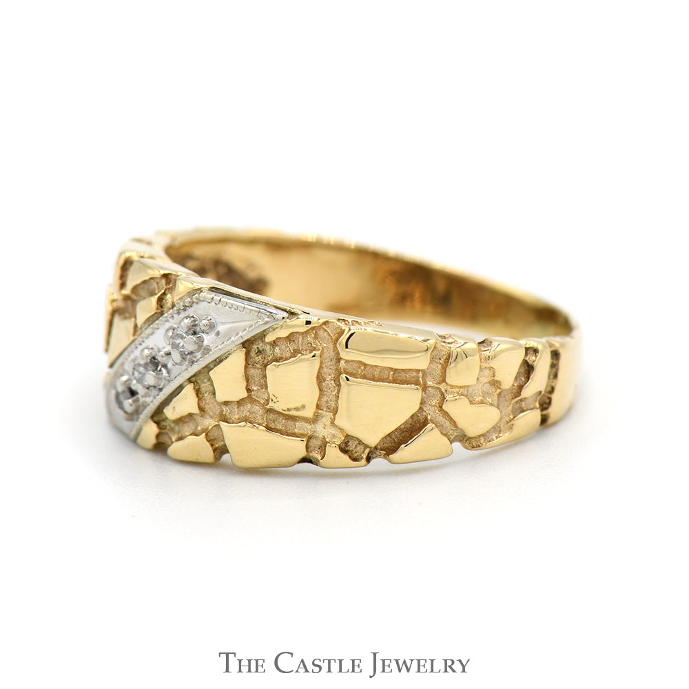 Diagonal Illusion Set Diamond Ring with Textured Nugget Sides in 10k Yellow Gold