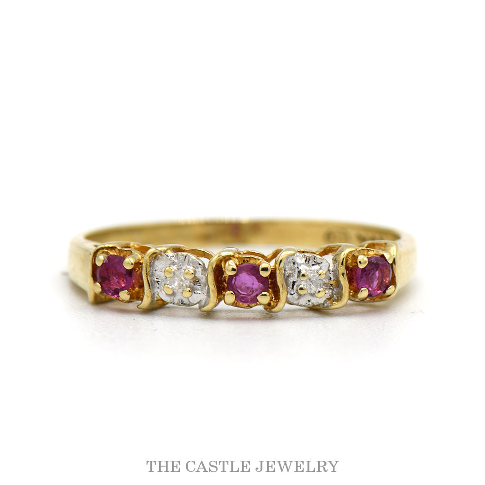 Alternating Ruby & Illusion Set Diamond Stackable Band in 10k Yellow Gold