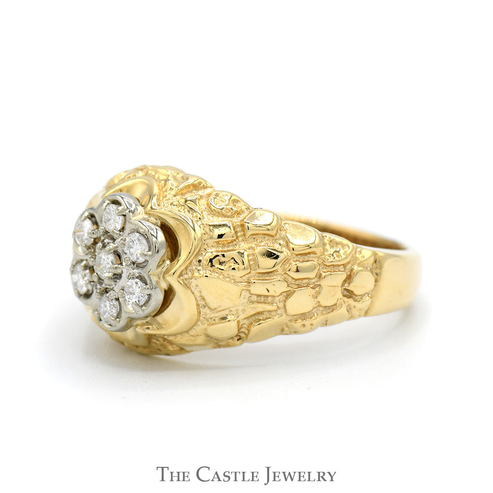 1/4cttw 7 Round Diamond Cluster Ring with Textured Nugget Sides in 10k Yellow Gold