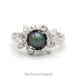 Black Pearl Ring with Diamond Accented Ornate Mounting in 14k White Gold