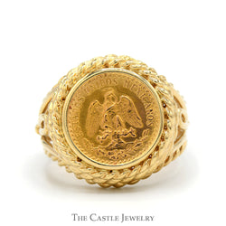 1945 Mexican Dos Pesos Coin Ring with Rope Bezel and Split Sides in 14k Yellow Gold
