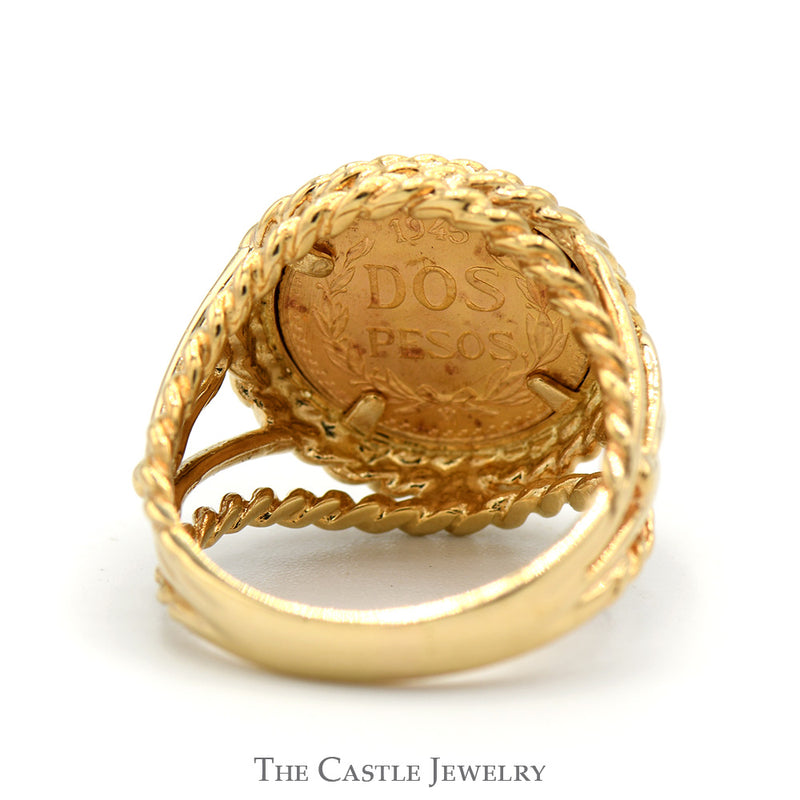 1945 Mexican Dos Pesos Coin Ring with Rope Bezel and Split Sides in 14k Yellow Gold
