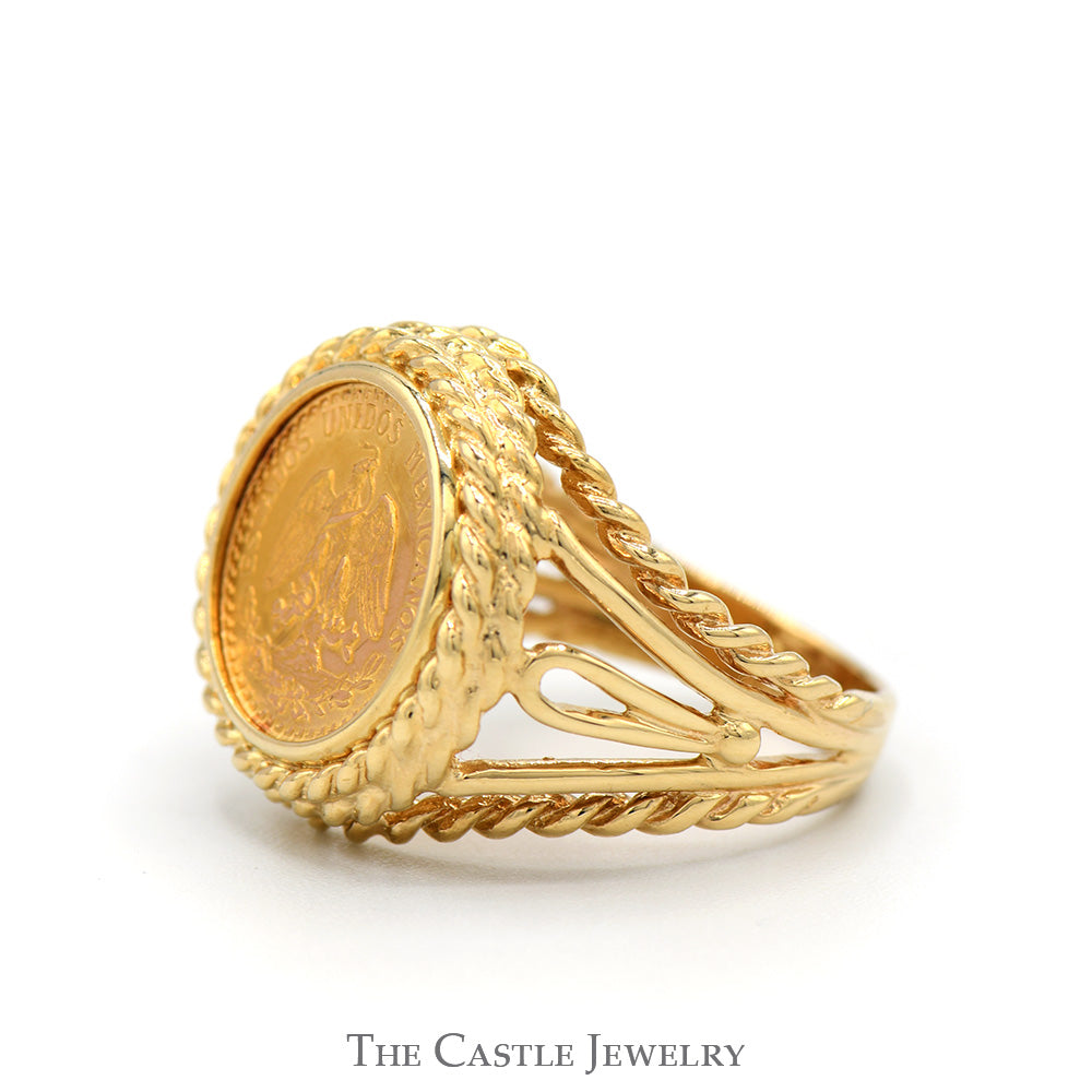 1945 Mexican Dos Pesos Coin Ring with Rope Bezel and Split Sides in 14k Yellow Gold