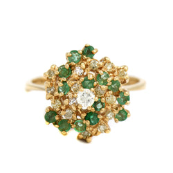 Round Diamond & Emerald Spiral Cluster Ring in 14k Yellow Gold