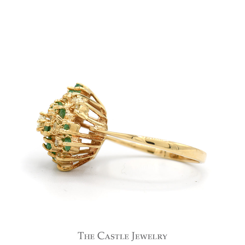 Round Diamond & Emerald Spiral Cluster Ring in 14k Yellow Gold