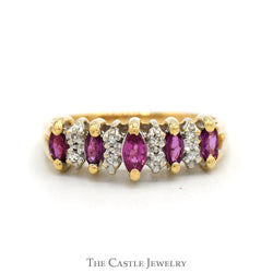 5 Marquise Cut Ruby Band with Diamond Accents in 14k Yellow Gold
