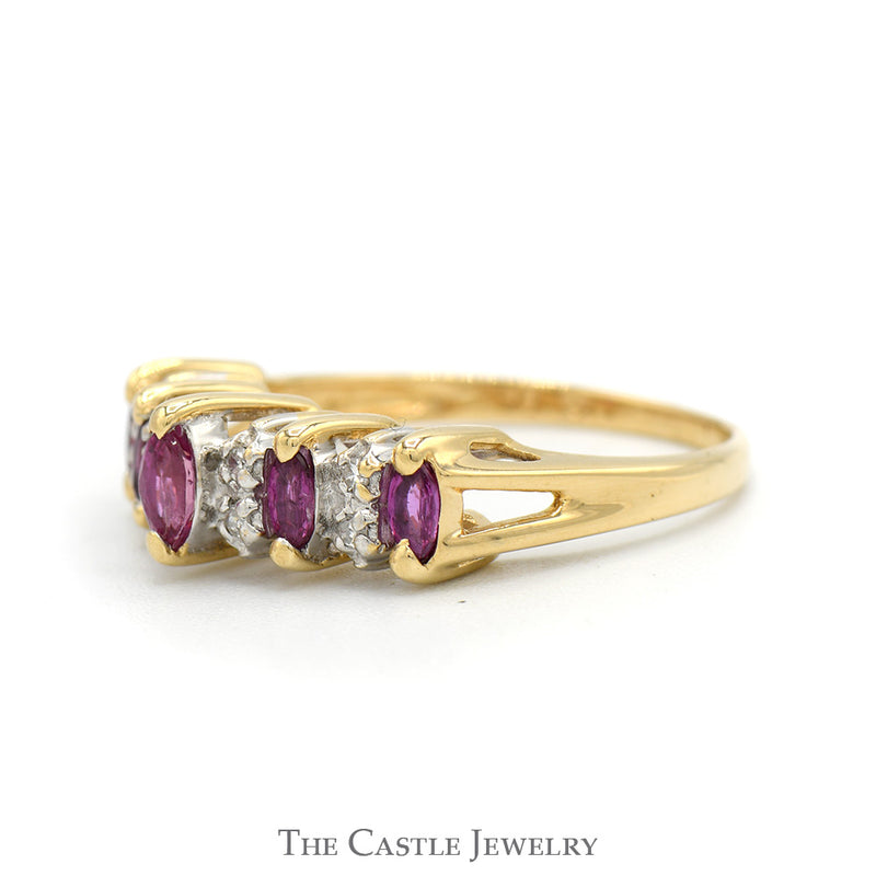 5 Marquise Cut Ruby Band with Diamond Accents in 14k Yellow Gold